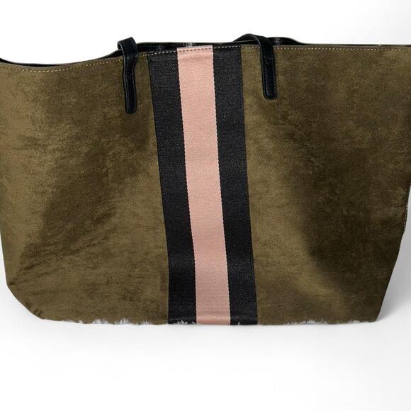 Neiman Marcus Olive Green Faux Suede Pink Black Stripes L Large Tote Bag Preppy - Picture 2 of 7